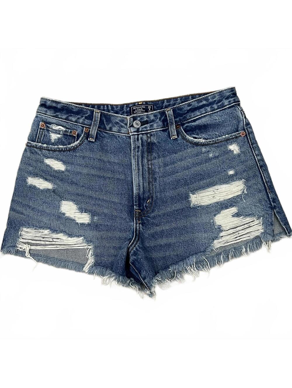 Abercrombie Annie High Rise Distressed Denim Shorts 29/8 Medium Wash Raw Hem